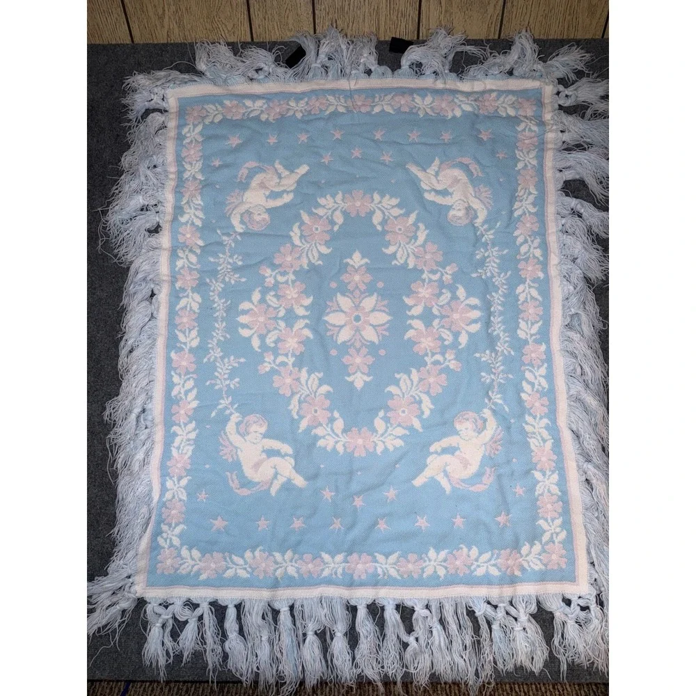 Vintage Cherub Woven Knit Throw Blanket Blue Pink Floral Angel Fringe Tapestry
